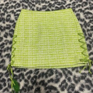 Lovers + Friends green Tweed Mini Skirt with Lace-Up Detail
